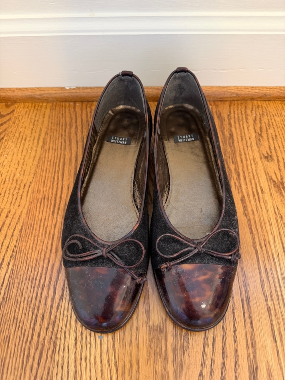 Stuart Weitzman Black Suede Flats with Brown Tortoise Cap Toe
